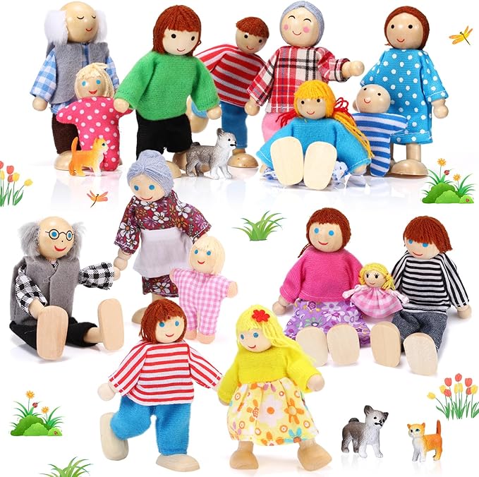 Skylety 20 Pcs Wooden Dollhouse Family Set of 16 Mini People Figures and 4 Pets, Wooden Dollhouse Dolls Cosplay Family Figures Accessories for Pretend Toy(Rustic Style)