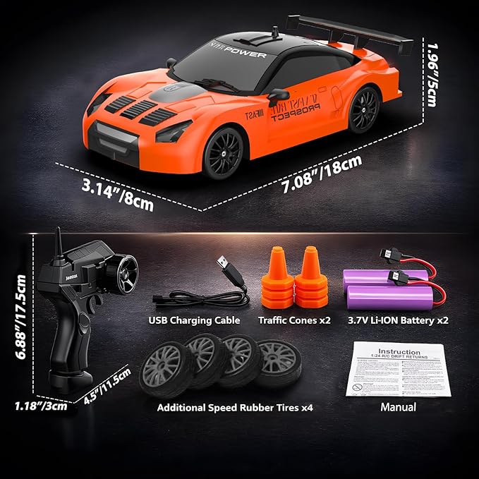 Remote Control Car RC Drift Car 2.4GHz 1:24 Scale 4WD 15KM/H High Speed Model Vehicle with LED Lights Drifting Tire Racing Sport Toy Car for Adults Boys Girls Kids Gift 2Pcs Rechargeable Batteries