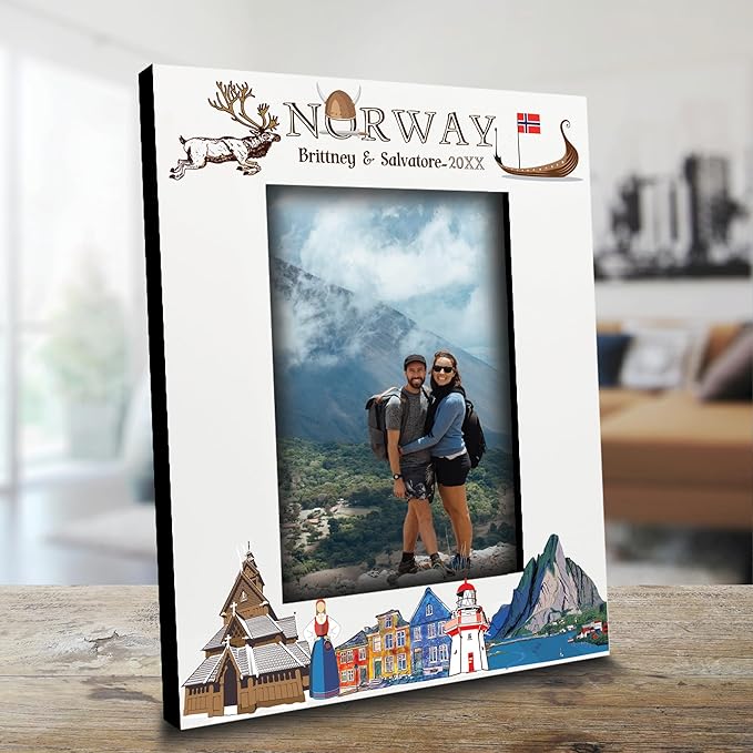 BELLA BUSTA-Personalized Europe Travel Picture Frame– Custom Print Photo Frame with City & Country-Honeymoon, Vacation, Adventure, Favor Keepsake (Norway (5x7 Vertical))