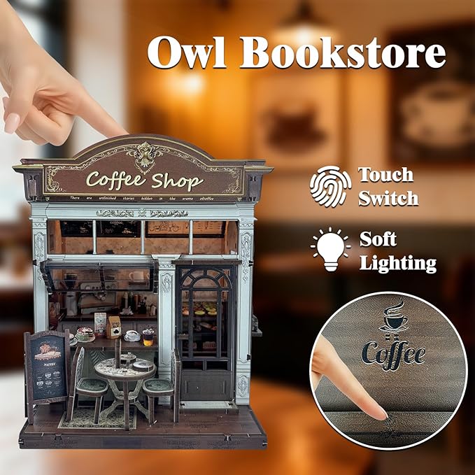 DIY Miniature House Dollhouse,Coffee Shop Book Nook Kit for Adult and Teens, Dollhouse,Tiny House Bookshelf Decor 3D Wooden Puzzle with LED Lighting, Gifts for Family, Friends (Coffe Shop)