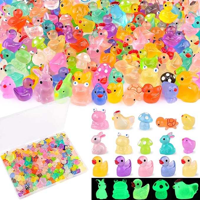 110PCS Mini Resin Animals Tiny Cute Figurines Glow in Dark, Miniature Figures to Hide, Little Animal Small Accessories for Topper Desk Garden Dollhouse Landscape Aquarium Ornaments Crafts & Decor