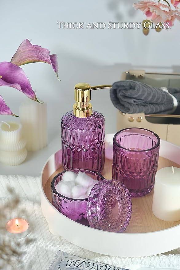 LaMarriti Purple Bathroom Accessories Set, 5Pcs Clear Glass Bathroom Set, Soap Dispenser, Toothbrush Holder Set, Soap Dish, Qtip Holder, Tumbler for Vintage Crystal Bathroom Decor, Gift Set (Violet)