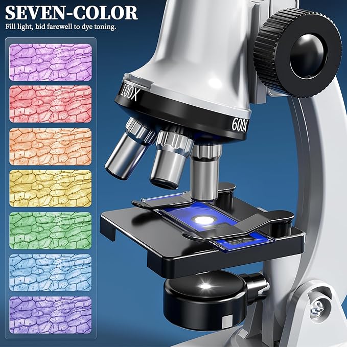 65 Pieces Microscope Kit for Kids Ages 5-7 8-13, 100X-1200X Magnification with 7 Colors of LED Lights and 12 Prepared Slides, Science Experiment STEM Kits for Boys and Girls Age 8-12 Years