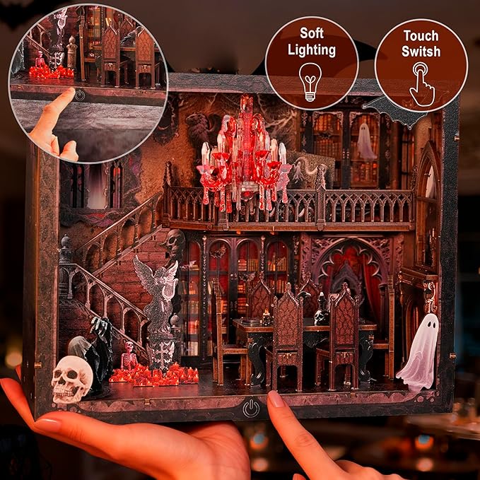 DIY Miniature House,LED Lighting Book Nook Kit Dollhouse Kit for Adult and Teens, Tiny House Bookshelf Decor 3D Wooden Puzzle with Duty Cover, Gifts for Family, Friends,Christmas(Dark Cabin)