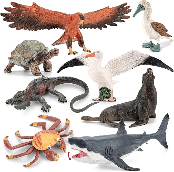 8PCS Large Galapagos Island Animal Figurines Set, Realistic Giant Tortoise Sea Animal Toys Includes Shark, Hawk, Crab, Sea Lion, Blue-Footed Booby, Educational Toys for Toddlers Kids