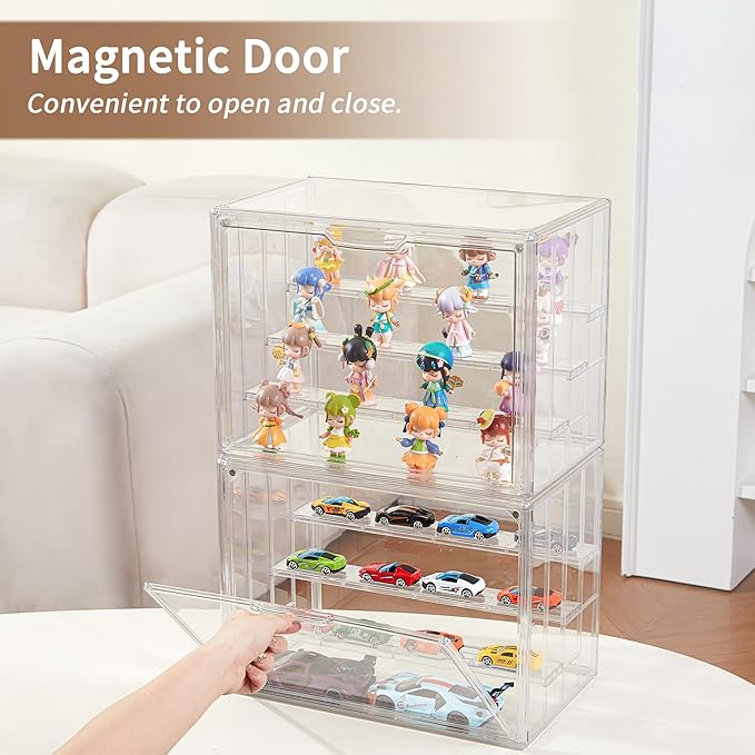 Display Case for Collectibles 4 Layer Updated Adjustable Acrylic Display Case with Magnetic Door Clear Stackable Display Box Hobby Display Cases for Figures, 1 Pack