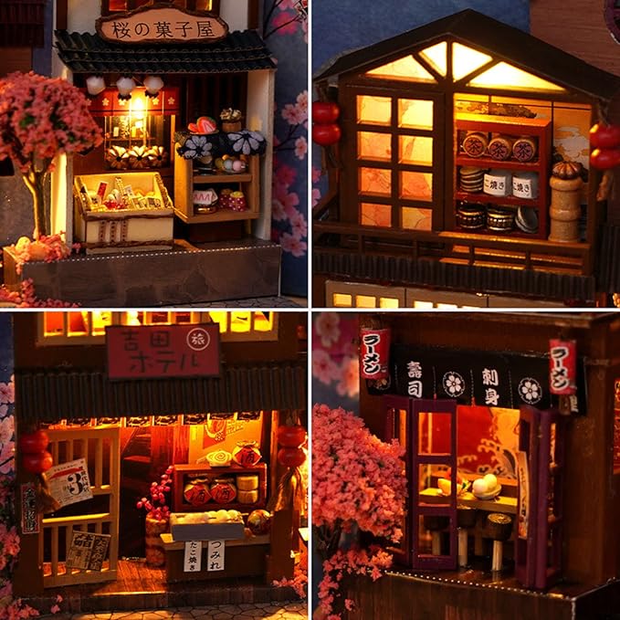 GuDoQi DIY Book Nook Kit, Dollhouse Wood Bookend, Booknook Bookshelf Insert, DIY Miniature Dollhouse Kit, Bookends Model Build for Adult, Gift for Birthday Christmas Day, Sakura Japan Corner