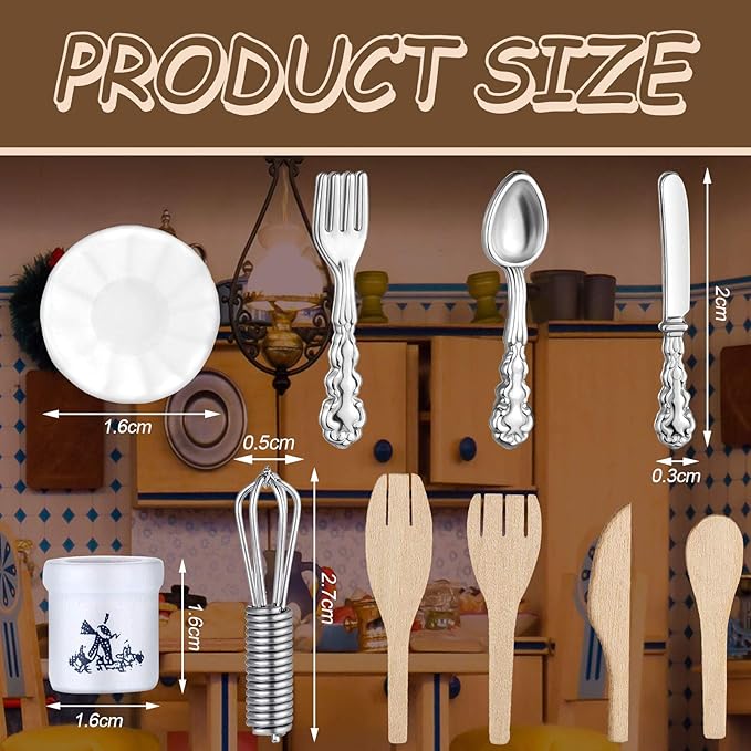 Skylety 37 Pieces 1:12 Scale Miniatures Dollhouse Kitchen Accessories Include 16 Plates Knife Fork Spoon, 6 Egg Beater Utensil, 15 Tea Cup Set(Flora Bloom)