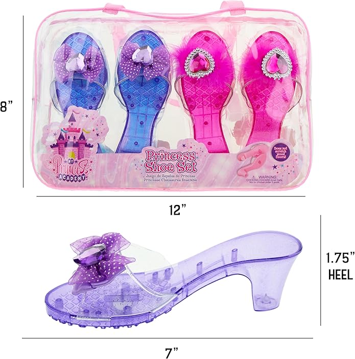 4-Pack Premium Princess Shoes Set - 1.75" Heel Slip On Princess Dress Up Shoes for Little Girls, Durable Pairs of Slip-On Sandal Heels for Kids - Fits Toddler Size 7-10 Multi