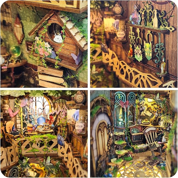 LED Book Nooks DIY Miniature Dollhouse Kit 3D Puzzle Wooden Bookends Toy for Teenagers Gift Model Kits Room Decoration - Garden Book Nook - Book Nook Kits for Adults (Green Fairyland)