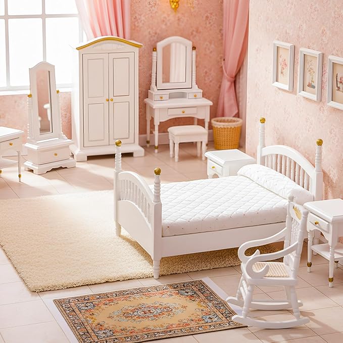 Skylety 7 Pcs Victorian Dollhouse Furniture 1: 12 Scale Dollhouse Bedroom Furniture Set for Adults Toys Miniature Doll House Accessories