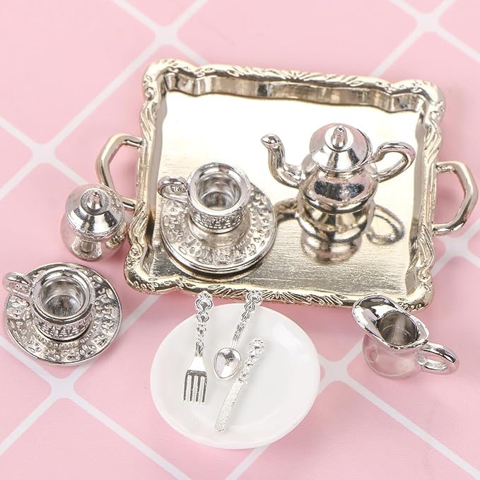 24 Pieces 1:12 Miniature Tea Set Metal Mini Teapot Tiny Tea Cup Mini Doll Plates Knife Fork Spoon Miniature Dollhouse Accessories for Dollhouse
