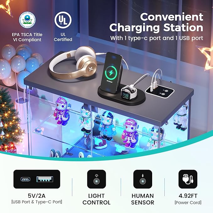 2pcs LED Clear Glass Display Case - for Figures & Collectibles, Small 2-Tier Display Cabinet with Charging Station, Display Box with Lights & Human Sensor, for Model Car, Perfume, Grey
