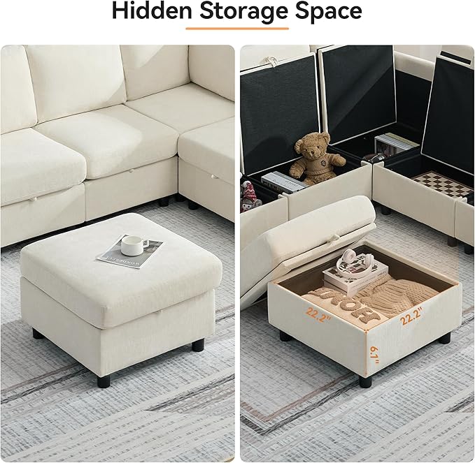 25" Square Storage Ottoman for Modular Sectional Sofa, Convertible Couch Footrest with Hidden Compartment, Chenille Upholstered Coffee Table & Extra Living Room Seating, Beige