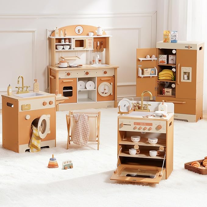ROBOTIME Caramel Wooden Kids Play Kitchen – 4-in-1 Toddler Role Play Kitchen Set with Fridge, Washing Machine & Iron, Dishwasher – Pretend Cooking Playset for Boys & Girls Ages 3+
