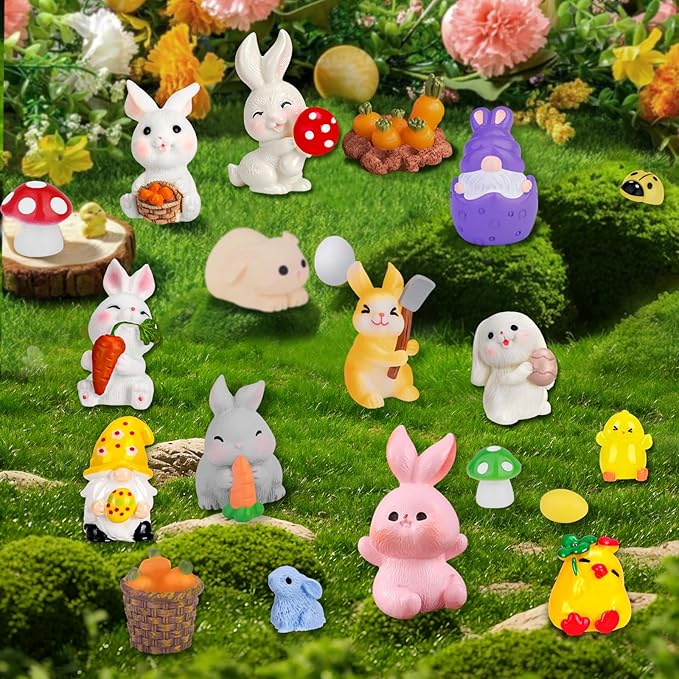 60Pcs Easter Luminous Mini Resin Figurines Miniature Figurines Tiny Small Easter Glow in The Dark Little Bunnies Chicken for Dollhouse Eggs Fillers Landscape Micro Garden Decoration Party Favors