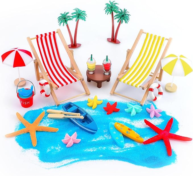 Minatee 25 Pcs Beach Miniature Dollhouse Decoration, Umbrella Palm Chair Miniature Toys Garden Dollhouse Outdoor Accessories Beach Decorations for DIY Garden Plant Pool(Red, Yellow)