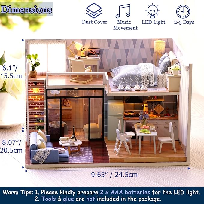 TuKIIE DIY Miniature Dollhouse Kit with Furniture, 1:24 Scale Creative Room Mini Wooden Christmas Doll House Accessories Plus Dust Proof & Music Movement for Kids Teens Adults(Blue Times)
