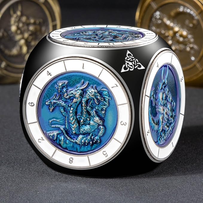 7 in 1 Unique Spinner DND Dice Set D&D, Metal Cube D and D Dice with Gift Box, Dungeons Dragons Role Playing Dice, Black Blue