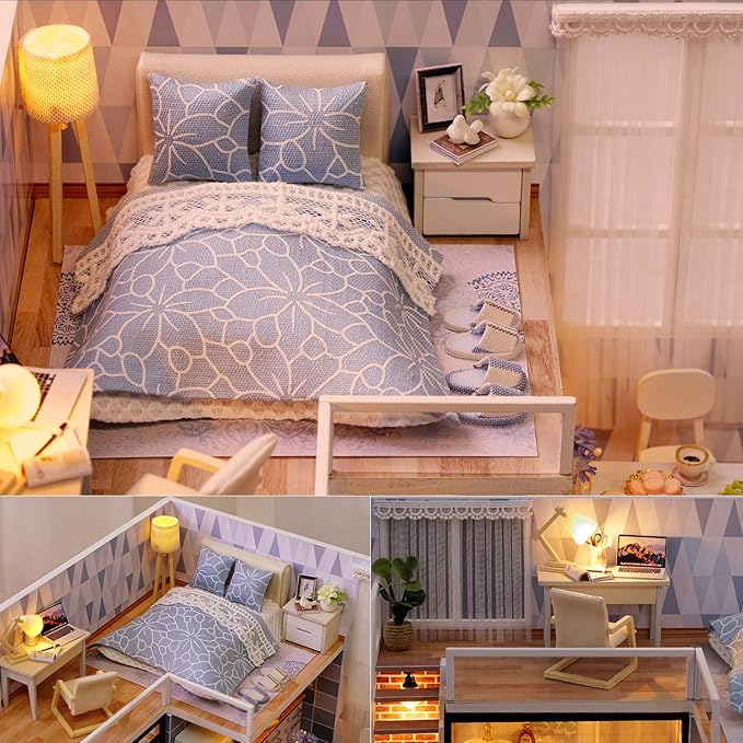 TuKIIE DIY Miniature Dollhouse Kit with Furniture, 1:24 Scale Creative Room Mini Wooden Christmas Doll House Accessories Plus Dust Proof & Music Movement for Kids Teens Adults(Blue Times)