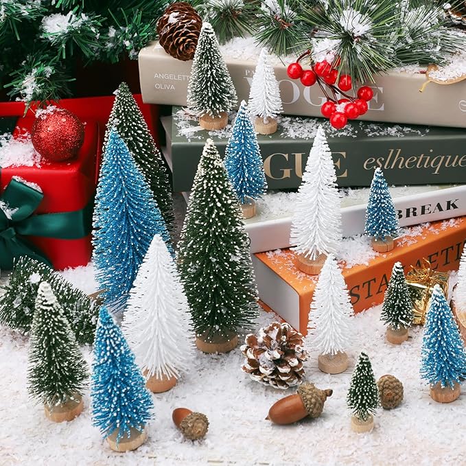30Pcs Mini Christmas Tree Decor, Artificial Christmas Tree 5 Sizes,Mini Sisal Snow Frost Trees with Wooden Base for Christmas Decor Christmas Party Home Table Craft Decorations (Green/Blue)