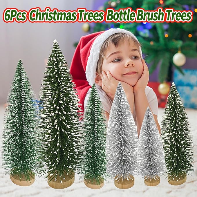 Yahpetes Christmas Trees 6 Pcs Artificial Bottle Brush Tabletop Trees Christmas Table Decorations for Xmas Holiday Party Decor (Silver,Green,Dark Green 6Pcs)