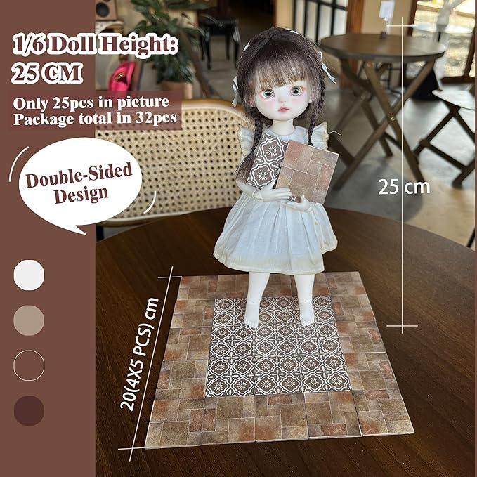 Dollhouse Flooring Tiles on 1/12 1/6 Scale Miniature Decor Accessories 32pcs Double-Sided