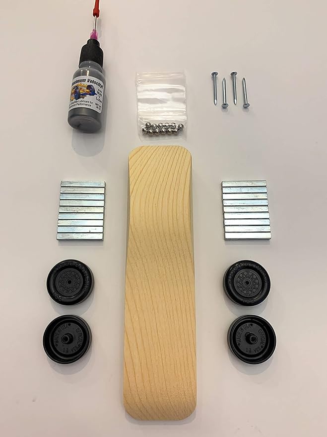 Maximum Velocity Pinewood Car Kit | Includes Unfinished CNC'd Body, Official Scout Speed Wheels, Speed Axles, Graphite & Steel Weight | Sports Car Derby Car Kit