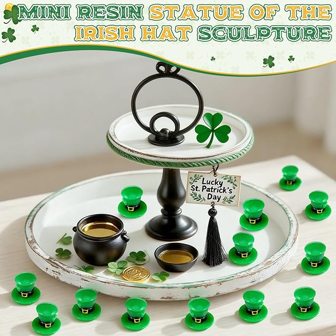 50 Packs St Patrick's Day Hat Miniature Green Hats Figurine -Resin Tiny St Patricks Day Leprechaun Decorations for Irish Gifts Party Favors Table Tiered Tray Decor Dollhouse Craft Projects
