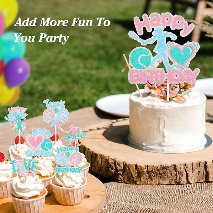 7-Piece Tennis Cake Topper Set Girls Athlete Happy Birthday Racket, Girls and Ladies Tennis Player Birthday Party, Baby Shower Party or Tennis Themed Party I Love Tennis Decorations. LIANGSS