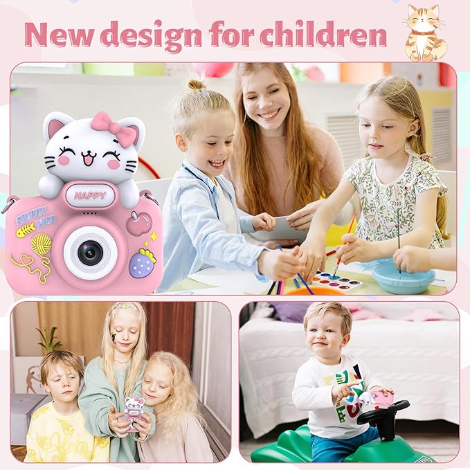 Kids Camera for Girls and Boys,1080P 8X Digital Zoom Camera for Kids Age 3 4 5 6 7 8, 48MP Dual Lens Toddler Cameras for Christmas Birthday Gifts with Silicone Case & 16GB TF Card,Pink