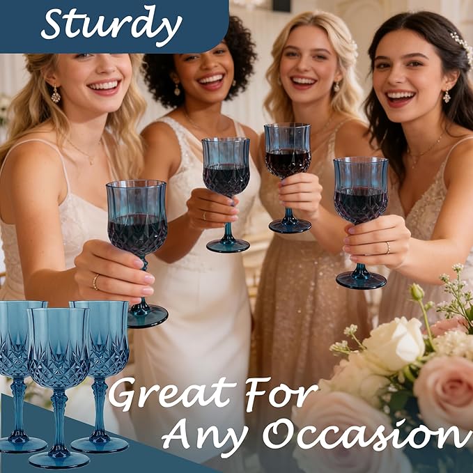 LEYIQU Plastic Wine Glasses, Plastic Goblets Vintage Style Cordial Drinking Glasses for Valentine’s Day, Wedding Reception, Grand Event Party Supplies (24, Navy Blue)