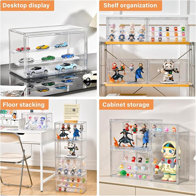 Clear Acrylic Display Case for Collectibles - 3-Tier Adjustable Figure Display with Magnetic Door & Removable Shelves,Stackable Dispaly Box for Figures - 2 Pack