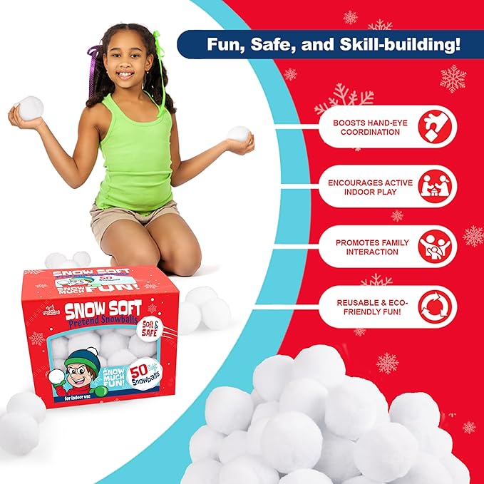 50 Pack Fun Fake Snowball for Kids 2 Inches - Artificial Snowballs Bulk for Indoor and Outdoor - Snow Ball for Decorations, Winter Toy Games Fights - Fun Christmas Party Activities