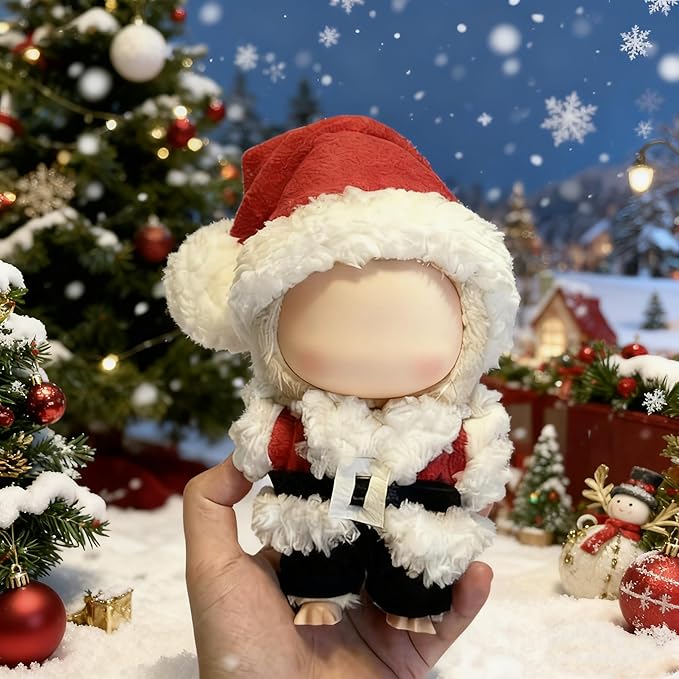 Christmas Doll Clothes for 17cm Dolls - 4 Set Handmade Crochet Holiday Outfit with Santa Hat, Top, Black Belt & Cute Pants Accessories (Santa Claus)