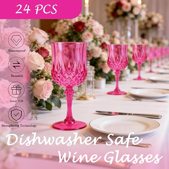LEYIQU Plastic Wine Glasses, Plastic Goblets Vintage Style Cordial Drinking Glasses for Valentine’s Day, Wedding Reception, Grand Event Party Supplies (24, Hot Pink)
