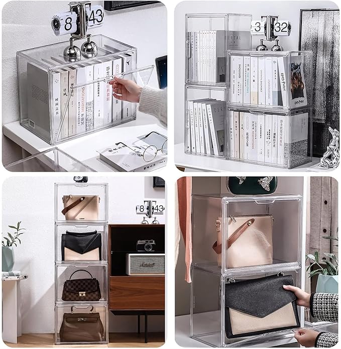 Clear Stackable Plastic Storage Bins with Magnetic Lid, Dustproof Book & Cosmetic Display Cases, Large Figures Collectibles Showcase, Shoe Box, Protection Organizer (L, Count, 3)