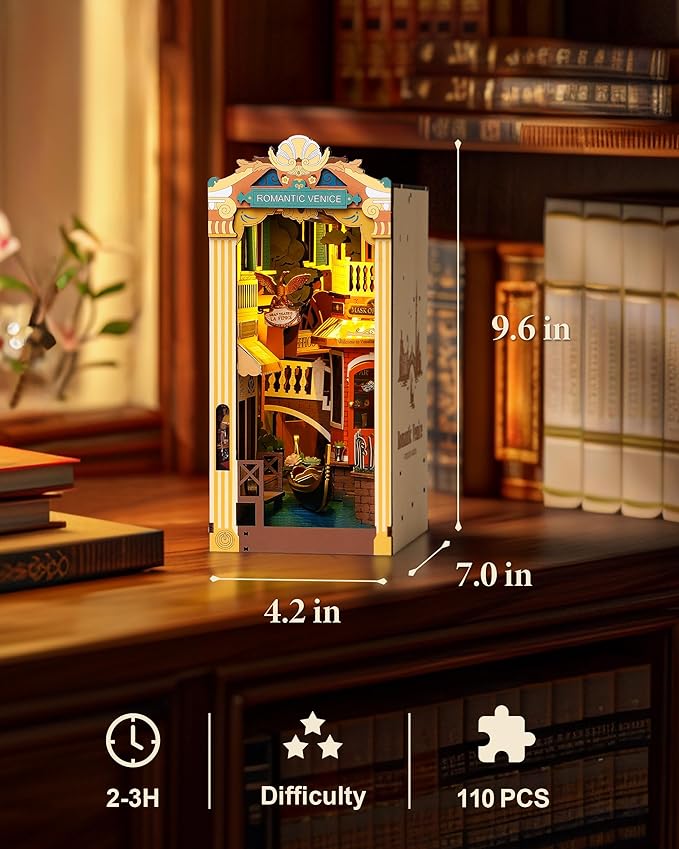 ROBOTIME Book Nook Kit with Dust Cover DIY Miniature House with LED 3D Wooden Puzzle Booknook Bookshelf Insert Decor Bookend Model Craft Hobby Gift for Teens and Adults (Romantic Venice)