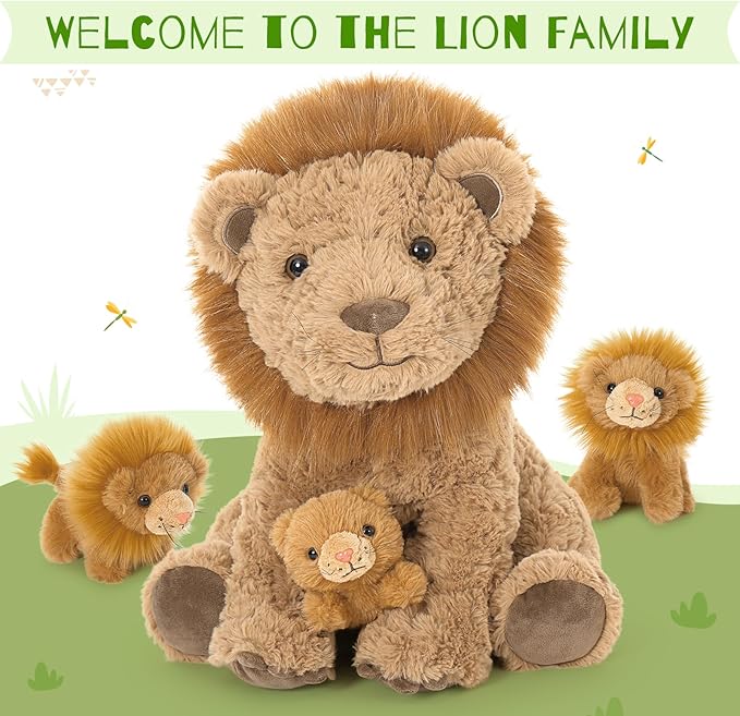 4Pcs Lion Plush Toy, 17.7" Mother Lion Stuffed Animal with 3 Cute Baby Lions, Wild Animal Stuffed Toy for Kids Boys Girls, Safari Animal Plushies Gift for Christmas Birthday Baby Shower