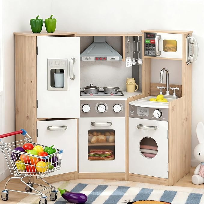 Costzon Kids Kitchen Playset, 9-in-1 Wooden Pretend Play Kitchen w/Realistic Light & Sound, Ice Maker, Washing Machine, Microwave & Stove, Toddler Kitchen Toy Set for Boys & Girls