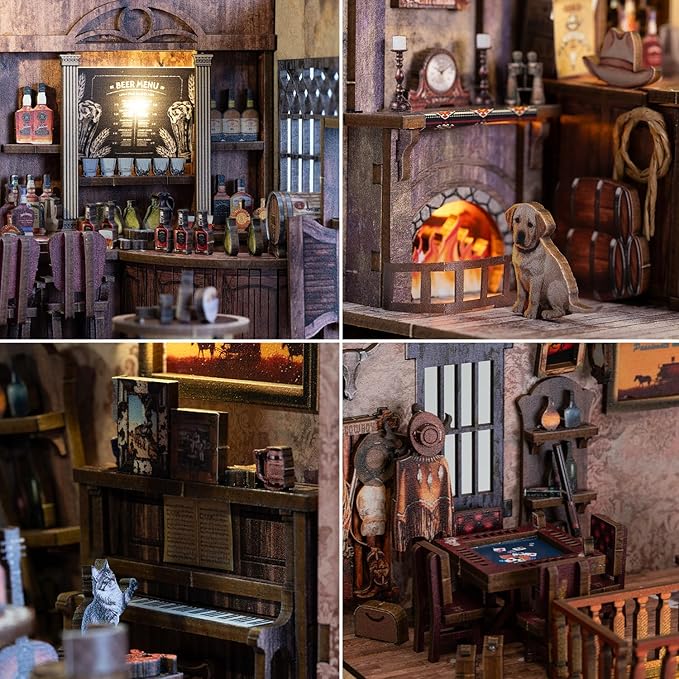 Book Nook Kit - DIY Miniature House & Dollhouse Alley Model Kit, Puzzle Bookshelf Library Decor with LED Light, Craft Gift for Adults, Teens, and Family(Old Town Saloon)