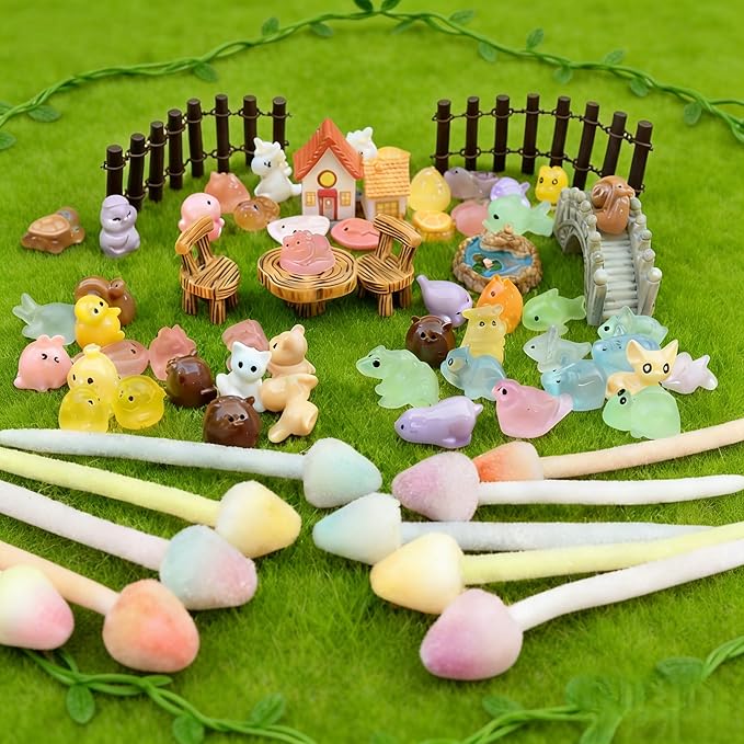 Sthdembo 67-Piece Glittery Mushroom Fairy Garden Kit with Mini House, Bridge, Fences & Resin Animals - Handmade Miniature Figurines & Landscape Ornaments for Terrarium, Desk Plants