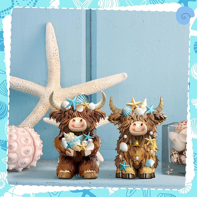 Burbell 2 Pcs Coastal Highland Cow Decor Summer Beach Ocean Themed Highland Cow Figurines Resin Starfish Seashellstatue Calf Lovers Gifts for Home Garden Kitchen Office Tiered Tray Table Decor