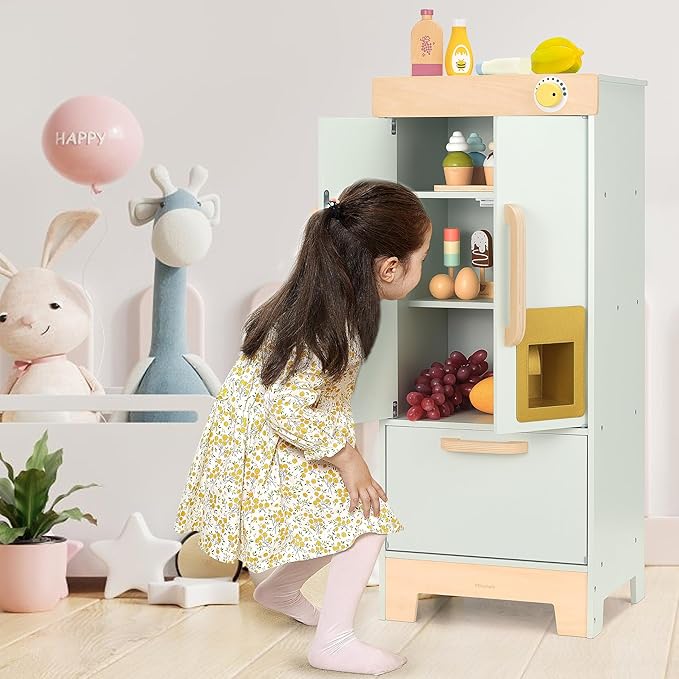 Pillowhale Wooden Play Refrigerator with Ice Maker – Mint Green Kids Fridge Toy, 4 Wooden Ice Cubes & Cup, Quiet Click Handle, Montessori Pretend Play for Toddlers 3+
