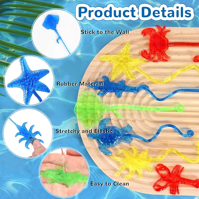 24PCS Ocean Animal Sticky Hands Toys for Kids, Rubbery Stretchy Sticky Goodie Bag Stuffers Toys for Party Favor Supplies, Colorful Sea Sticky Toy for Boys Girls Classroom Prizes