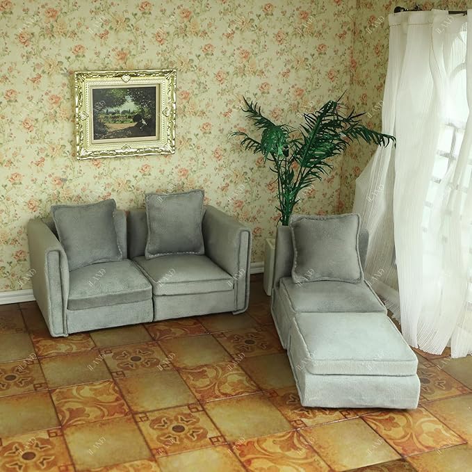 iLAND Dollhouse Furniture Miniature Sectional Couch Set Fit 1/12 Scale Accessories for Doll House Décor and 3 to 6 inches Doll Figure, Modern Light Grey Velvet Sofa Elegant & Classic