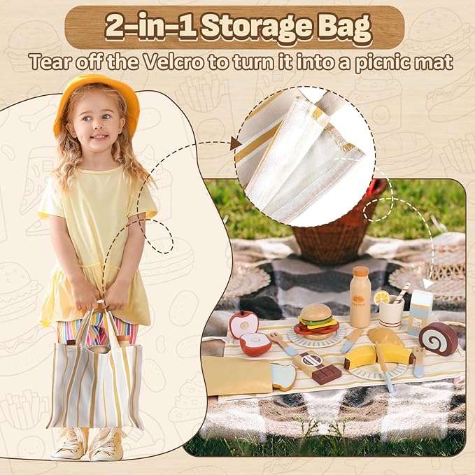Lehoo Castle Play Food Sets for Kids Kitchen, Wooden Toys Food for Toddlers 3+, Pretend Picnic Play Set, Cutting Food Toys, Gift for Girls Boys 3 4 5 6