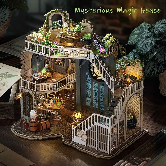 Spilay DIY Miniature Dollhouse Wooden Furniture Kit,Handmade Mini Modern Model Plus with Dust Cover,1:24 Scale Creative Doll House for Lover Friend Gift (Magic House-LV003)