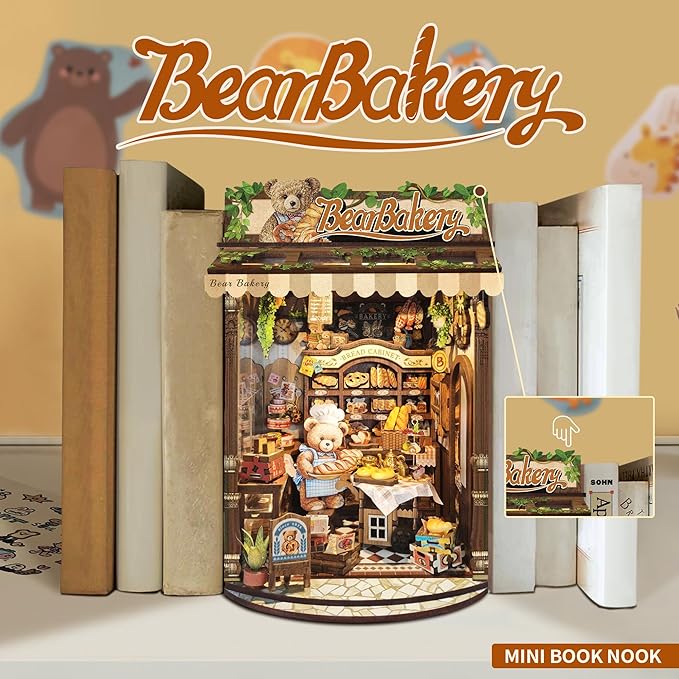 CUTEROOM Book Nook Kit for Adults, 3D Wooden Puzzle DIY Miniature Dollhouse Booknook Kit, Tiny House Building Kit with LED Light for Bookshelf Insert Decor-Bear Bakery