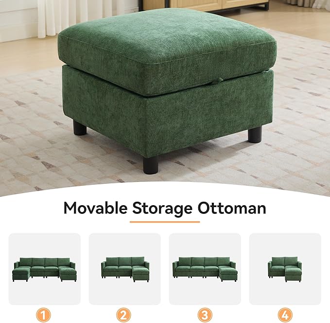 25”Square Storage Ottoman Module for Modular Sectional Sofa, Living Room Coffee Table Sectional Ottoman Footrest for Convertible Couch, Chenille Dark Green